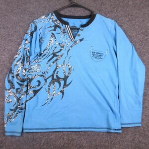 Y2K Mystique Fashion Shirt Mens Small Blue Long Sleeve Henley NYC Graphic Tee